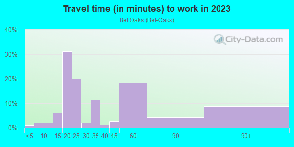 Commute time to work in Bel Oaks in Merrillville neighborhood in IN