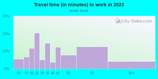 Commute time to work in Biddle Street in Baltimore neighborhood in MD