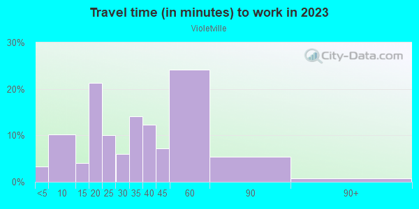Commute time to work in Violetville in Baltimore neighborhood in MD