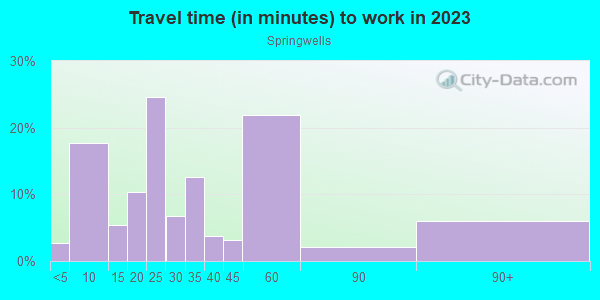Commute time to work in Springwells in Detroit neighborhood in MI