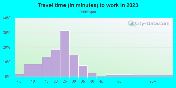 Commute time to work in Bridlespur in Kansas City neighborhood in MO
