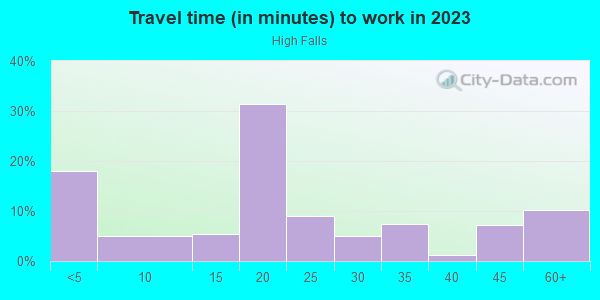 Commute time to work in High Falls in Rochester neighborhood in NY
