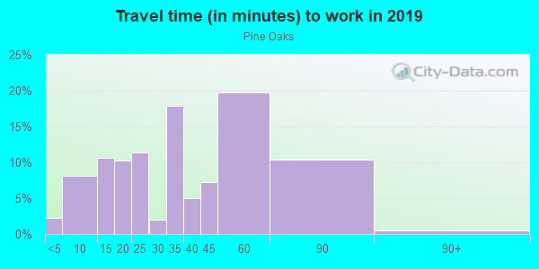 Commute time to work in Pine Oaks in Mesquite neighborhood in TX