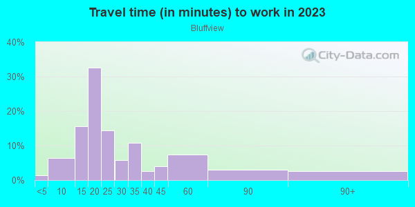 Commute time to work in Bluffview in Dallas neighborhood in TX