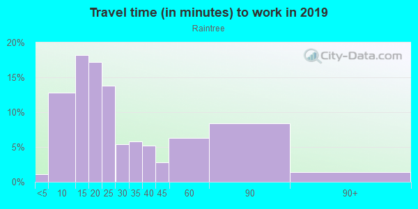 Commute time to work in Raintree in Williamsburg neighborhood in VA