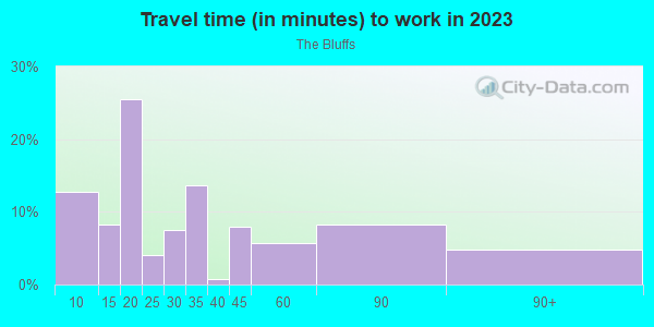 Commute time to work in The Bluffs in Carlsbad neighborhood in CA