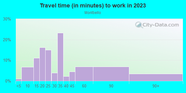 Commute time to work in Montbello in Denver neighborhood in CO