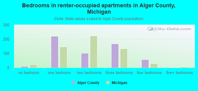 Bedrooms in renter-occupied apartments in Alger County, Michigan