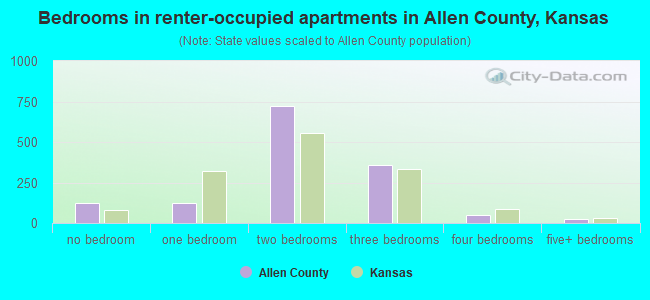 Bedrooms in renter-occupied apartments in Allen County, Kansas