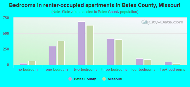 Bedrooms in renter-occupied apartments in Bates County, Missouri