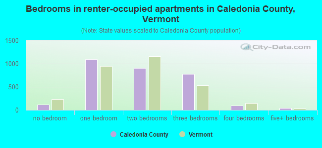 Bedrooms in renter-occupied apartments in Caledonia County, Vermont