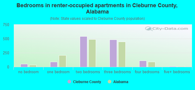 Bedrooms in renter-occupied apartments in Cleburne County, Alabama