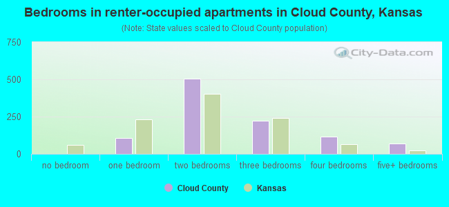 Bedrooms in renter-occupied apartments in Cloud County, Kansas