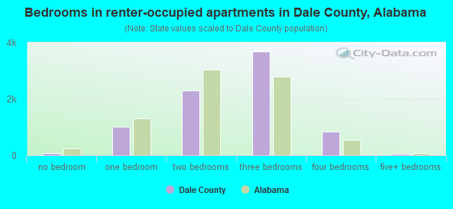 Bedrooms in renter-occupied apartments in Dale County, Alabama