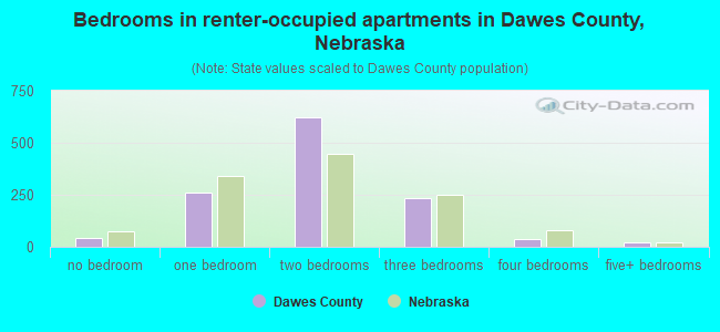 Bedrooms in renter-occupied apartments in Dawes County, Nebraska