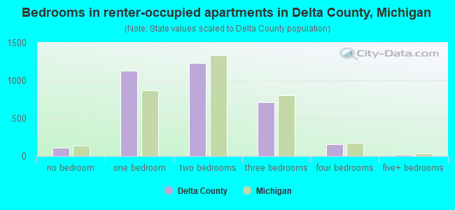 Bedrooms in renter-occupied apartments in Delta County, Michigan