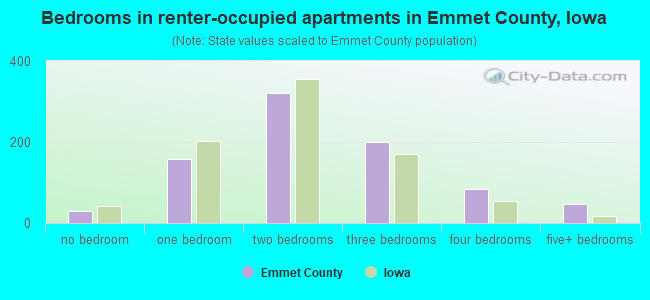 Bedrooms in renter-occupied apartments in Emmet County, Iowa