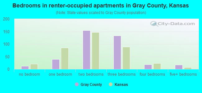 Bedrooms in renter-occupied apartments in Gray County, Kansas