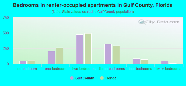 Bedrooms in renter-occupied apartments in Gulf County, Florida