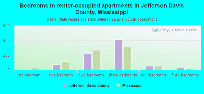 Bedrooms in renter-occupied apartments in Jefferson Davis County, Mississippi