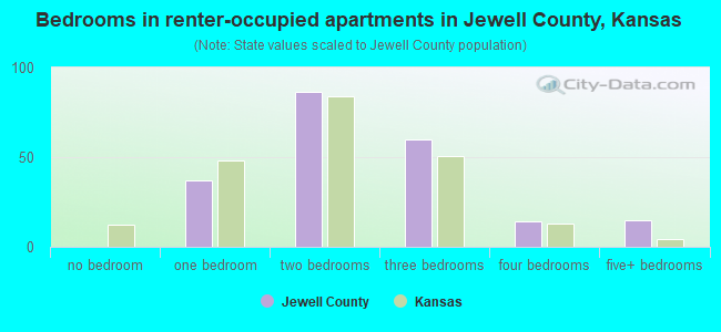 Bedrooms in renter-occupied apartments in Jewell County, Kansas