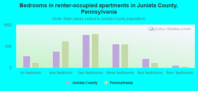Bedrooms in renter-occupied apartments in Juniata County, Pennsylvania