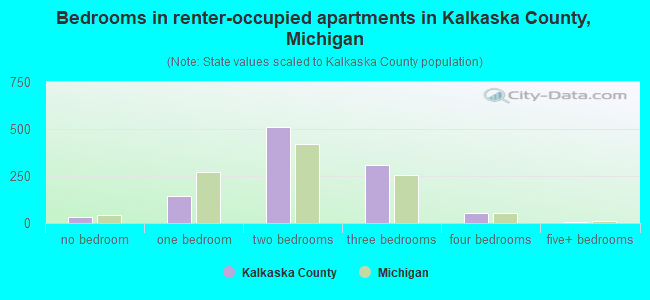 Bedrooms in renter-occupied apartments in Kalkaska County, Michigan