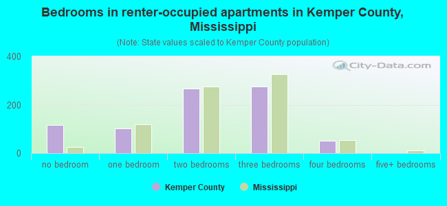 Bedrooms in renter-occupied apartments in Kemper County, Mississippi