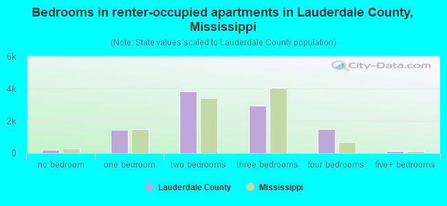 Bedrooms in renter-occupied apartments in Lauderdale County, Mississippi