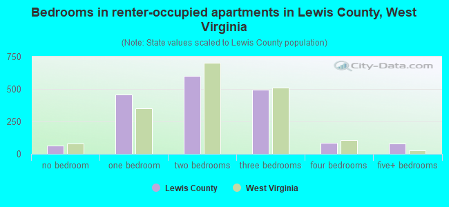 Bedrooms in renter-occupied apartments in Lewis County, West Virginia