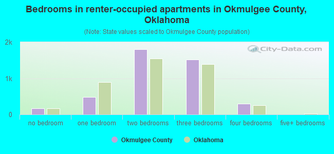 Bedrooms in renter-occupied apartments in Okmulgee County, Oklahoma