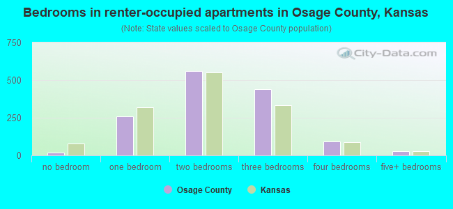 Bedrooms in renter-occupied apartments in Osage County, Kansas