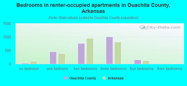 Bedrooms in renter-occupied apartments in Ouachita County, Arkansas