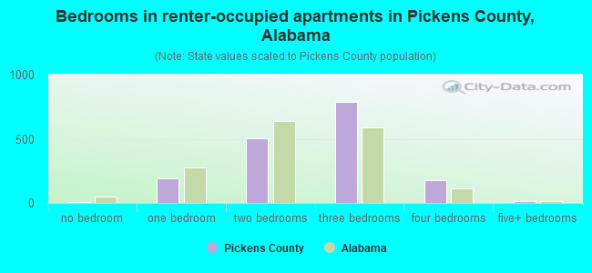 Bedrooms in renter-occupied apartments in Pickens County, Alabama
