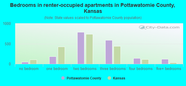 Bedrooms in renter-occupied apartments in Pottawatomie County, Kansas