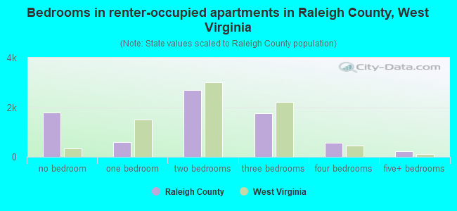 Bedrooms in renter-occupied apartments in Raleigh County, West Virginia