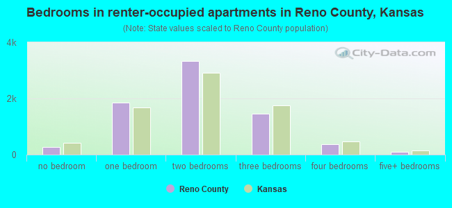 Bedrooms in renter-occupied apartments in Reno County, Kansas