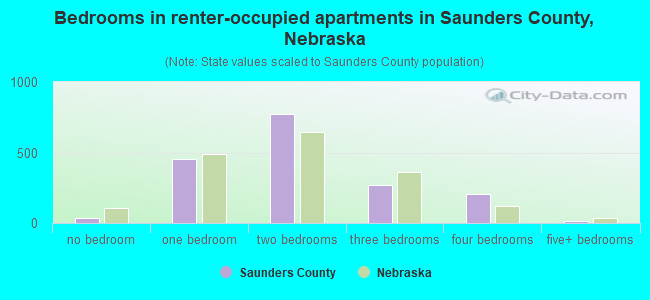Bedrooms in renter-occupied apartments in Saunders County, Nebraska