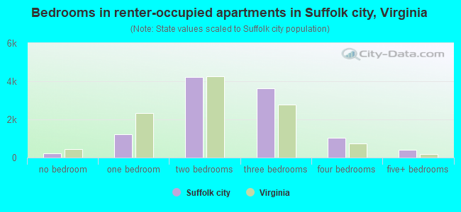 Bedrooms in renter-occupied apartments in Suffolk city, Virginia