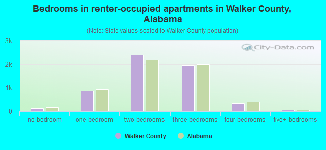 Bedrooms in renter-occupied apartments in Walker County, Alabama