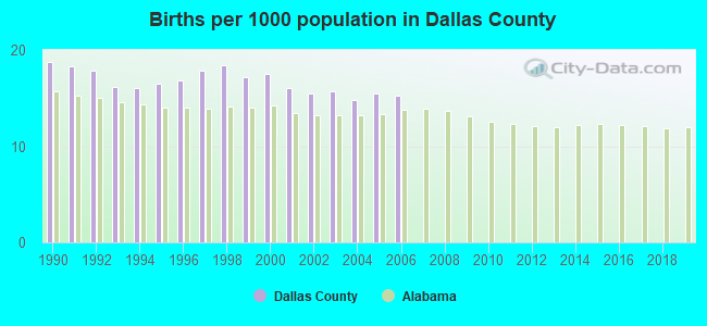 Births per 1000 population in Dallas County