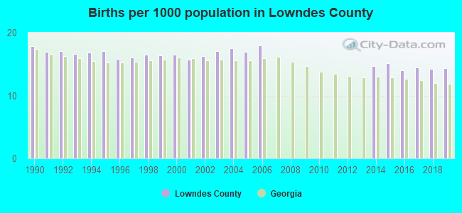 Births per 1000 population in Lowndes County