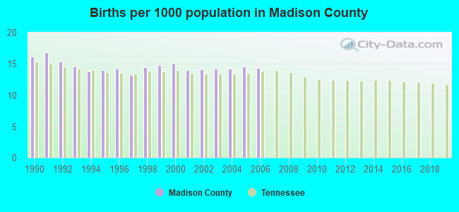 Births per 1000 population in Madison County