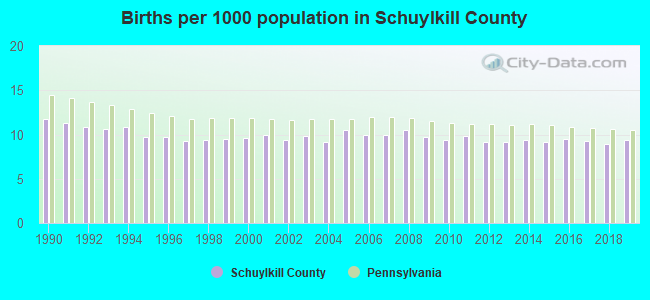 Births per 1000 population in Schuylkill County