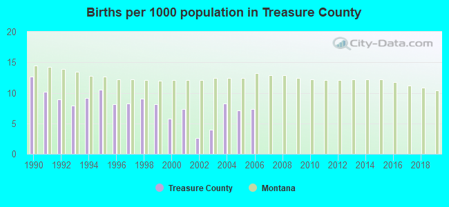 Births per 1000 population in Treasure County