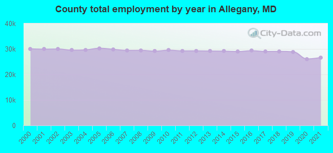 County total employment by year in Allegany, MD