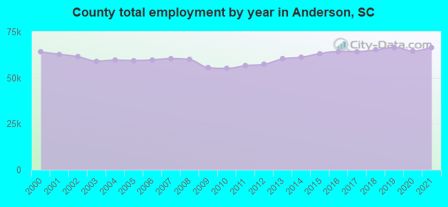 County total employment by year in Anderson, SC