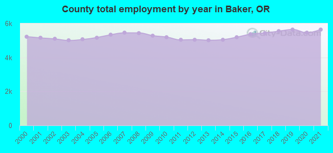 County total employment by year in Baker, OR