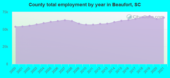 County total employment by year in Beaufort, SC