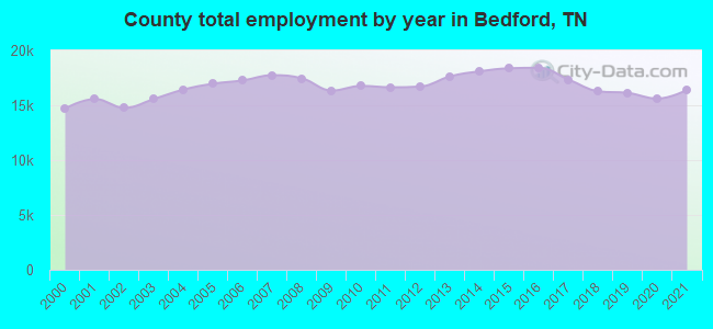 County total employment by year in Bedford, TN
